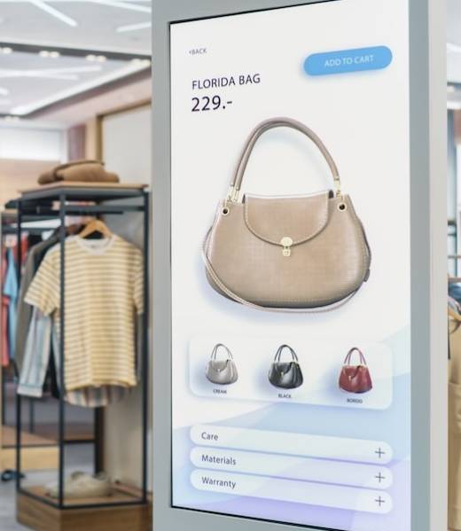 Shot of a Floor-Standing LCD Touch Screen Display with User Interface of Online Clothing Shop Standing in Clothing Store. Self service Checkout with Hand Bag. Diverse People in Shop Buying Clothes.