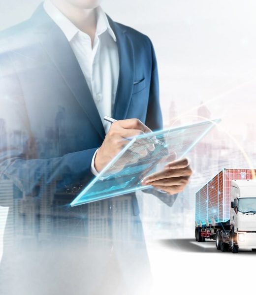 Smart Logistics and Warehouse Technology Management System Concept, Businessman using tablet control truck delivery network distribution import export, Double exposure business future Transportation