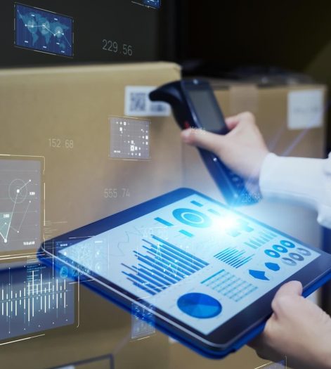 Electronic inventory management concept. logistics tech. RFID. Barcode reader.